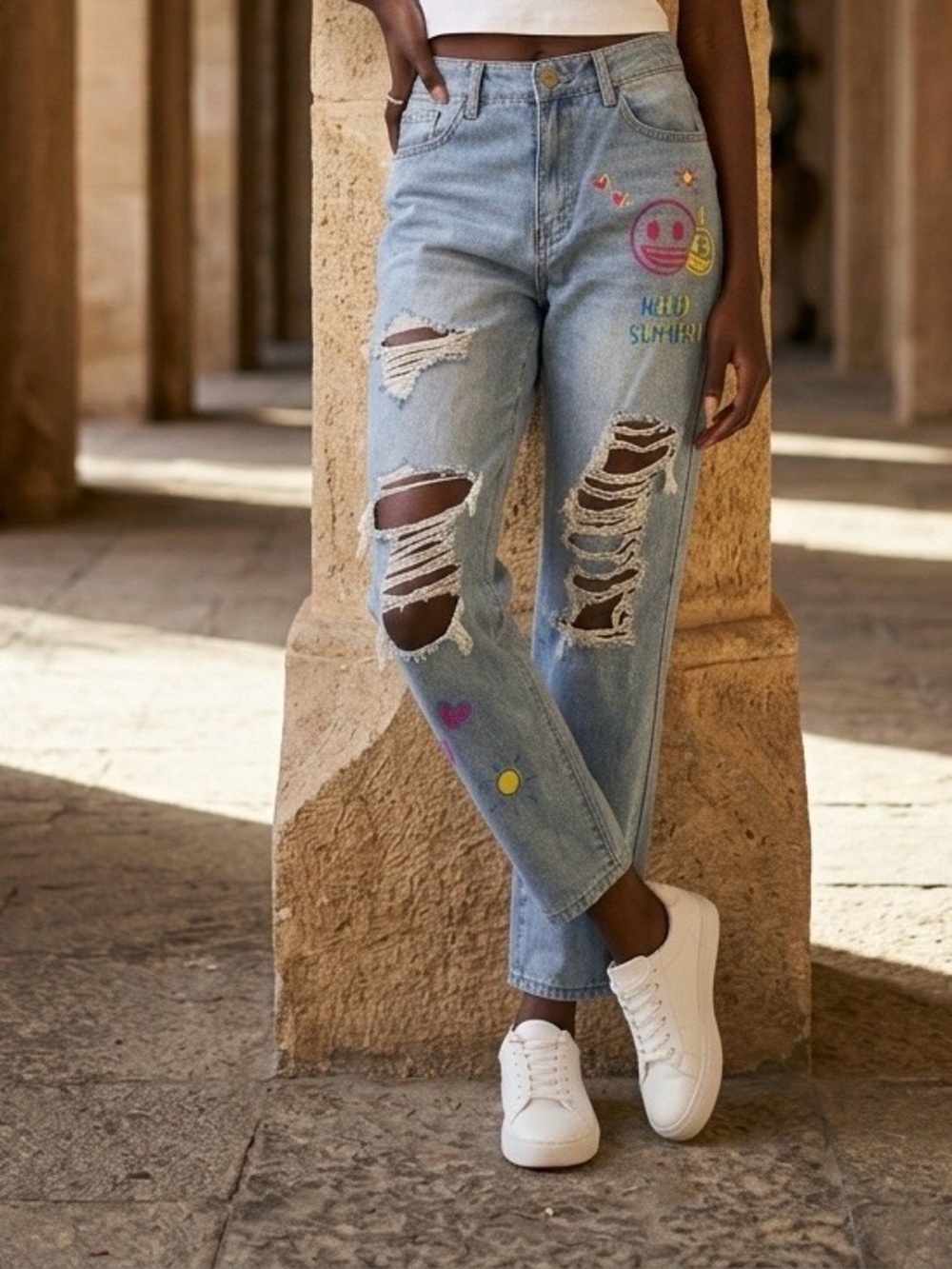 2345 - Light Blue Distressed Boyfriend Jeans with Cheerful Print